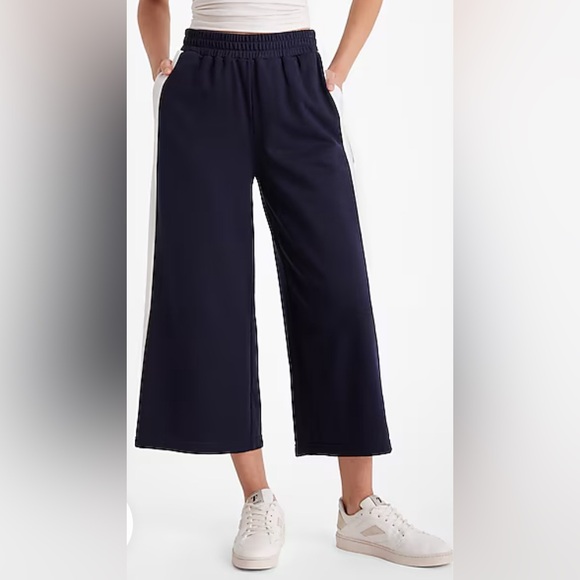 Express Pants - Express Ladies Navy High Waisted Knit Side Stripe Cropped Wide Leg Pant NWT S…